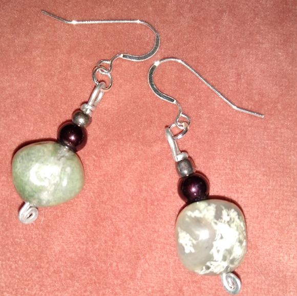 925 Solid Sterling Silver Wires Moss Tree Agate Handmade Gemstone Earrings New - Picture 2 of 6